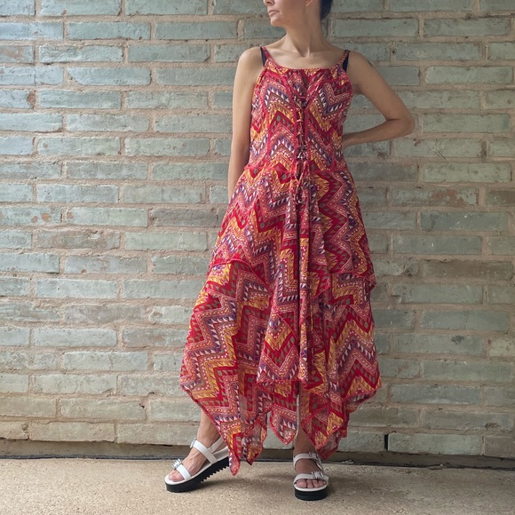 Tiered Maxi Dress Boho Red Lace Up Ruffled Handkerchief Hem Midi Sundress - Picture 15 of 15